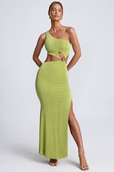Hardware Detail One-Shoulder Maxi Dress in Olive Green